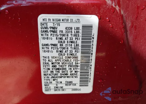 2015 Nissan Rogue Select S из США, поврежденный, VIN JN8AS5MT6FW674745